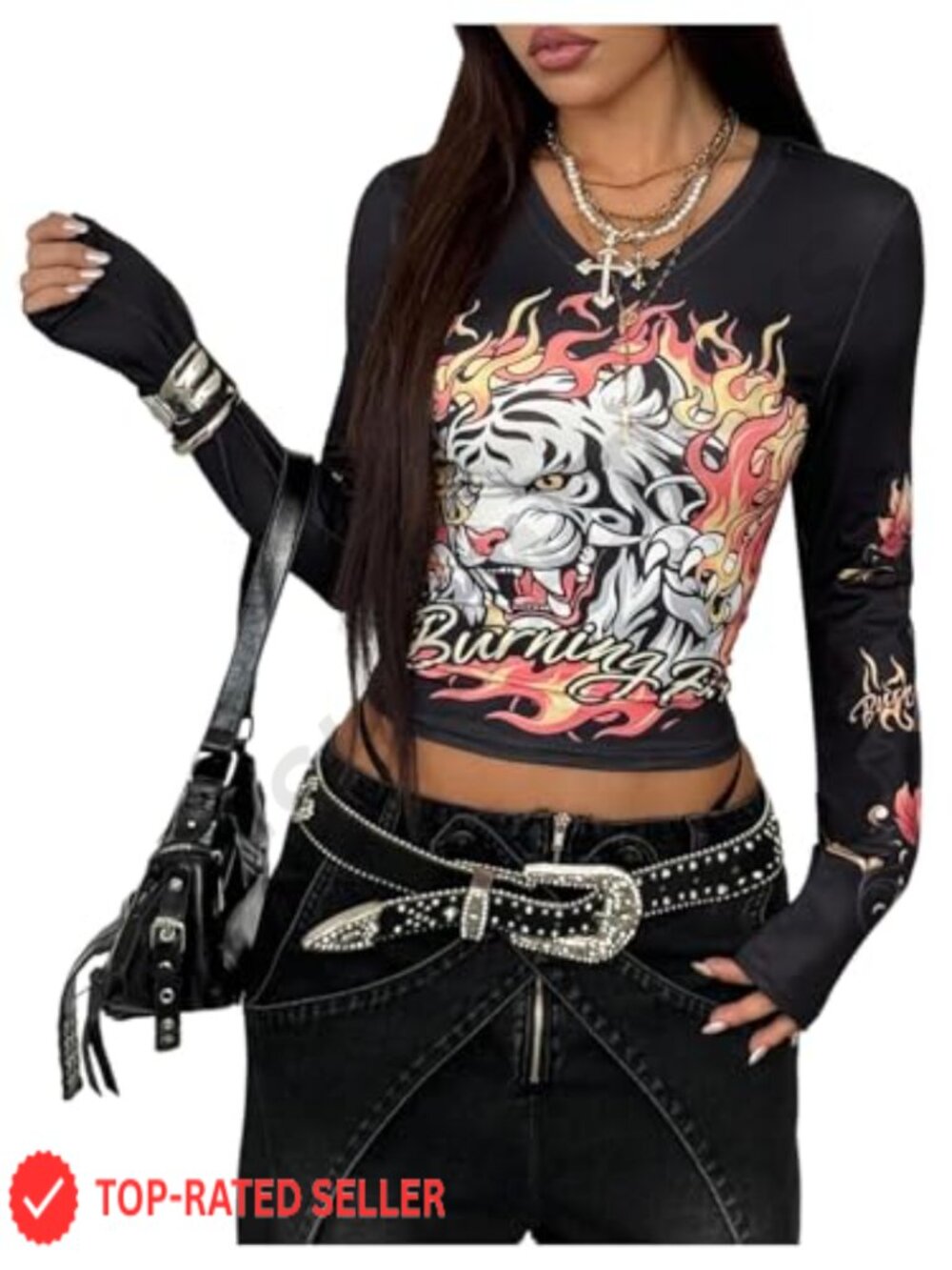 Y2K Retro Graphic V Neck Long Sleeve Crop Top Fitted Streetwear